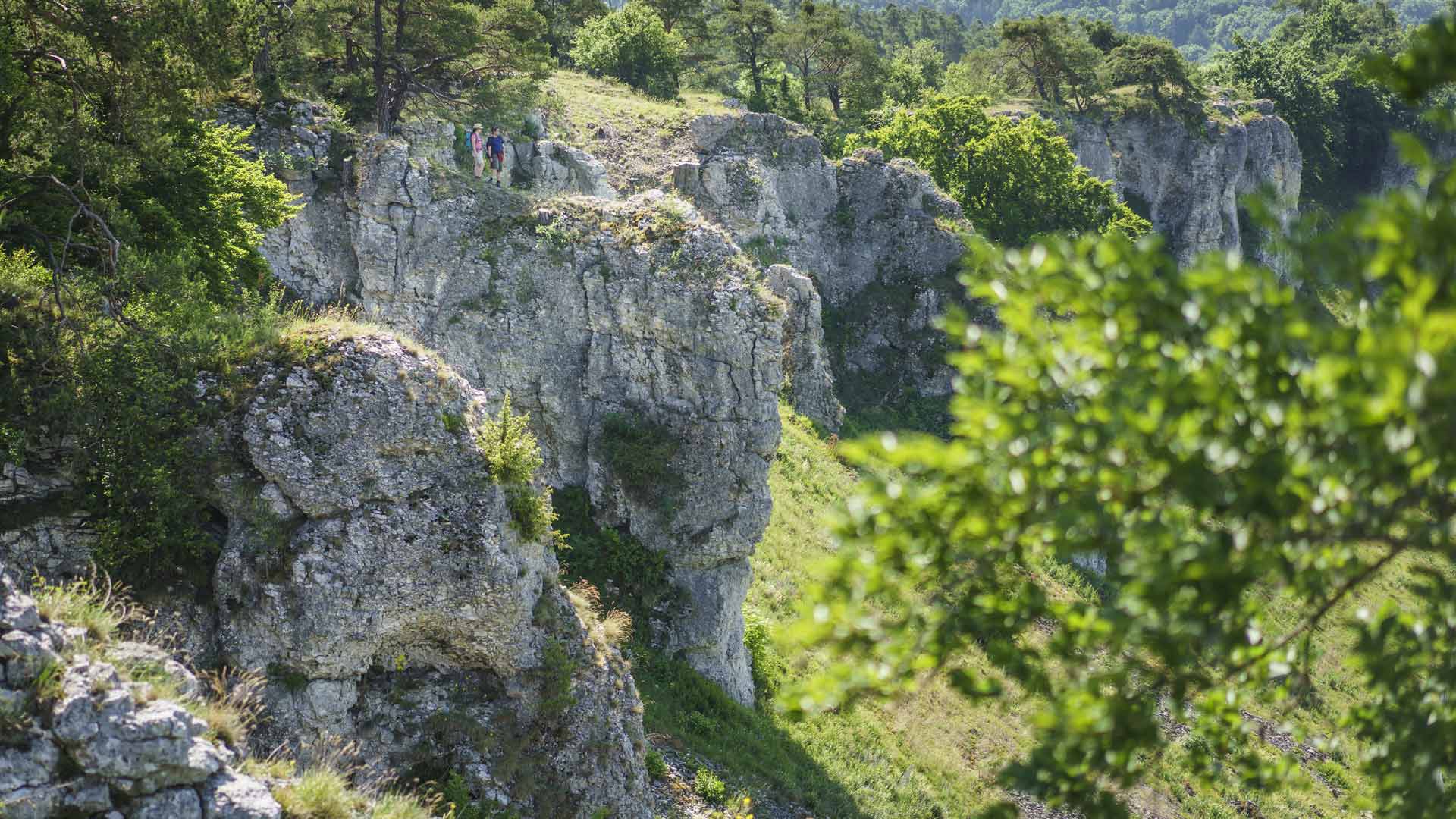 De imposante rotsformatie Twaalf Apostelen bij Solnhofen op de Altmühltal Panoramaweg © Naturpark Altmühltal