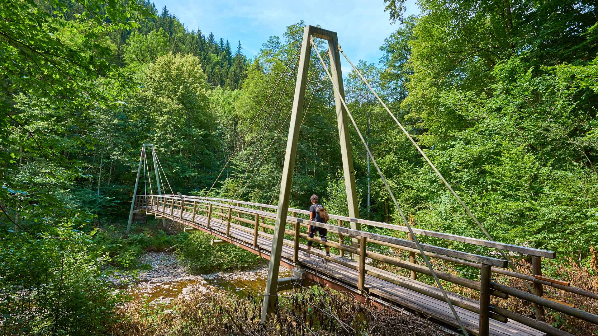 Wandelaar op een brug over de Wutachschlucht in de Schluchtensteig in het Zwarte Woud © Shutterstock marako85
